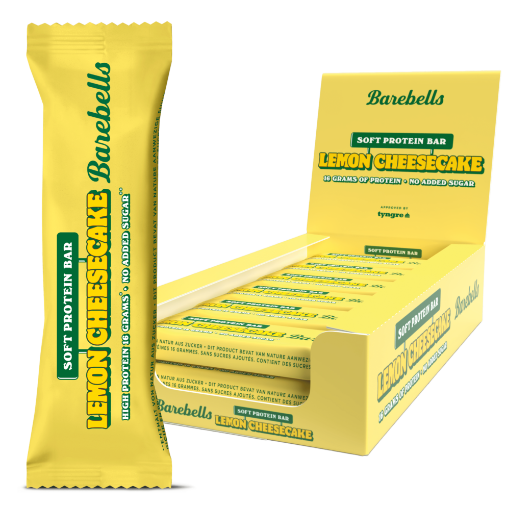 Barebells lemon cheesecake packshot with single bar