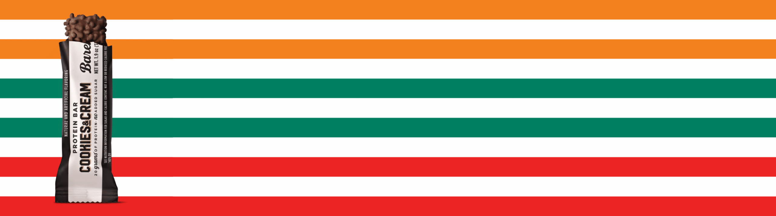 Protein bar on a colorful striped background in orange, white, green, and red.