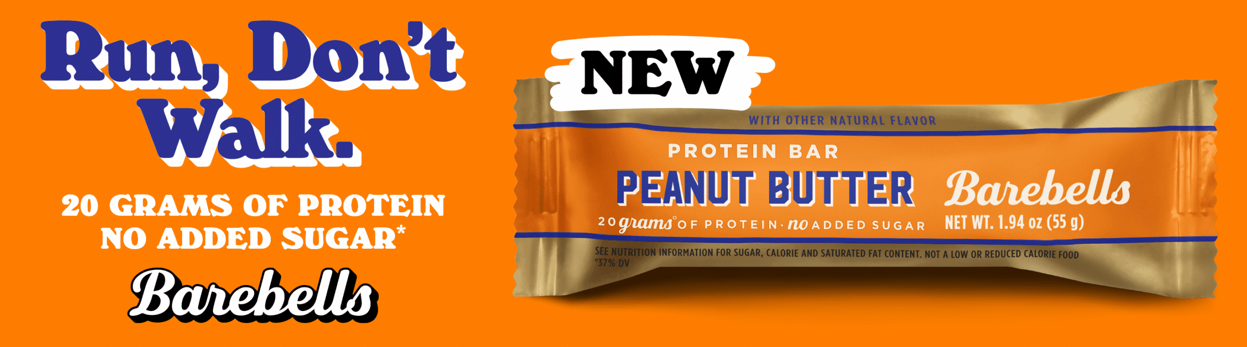 Advertisement for Barebells Peanut Butter Protein Bar with no added sugar.