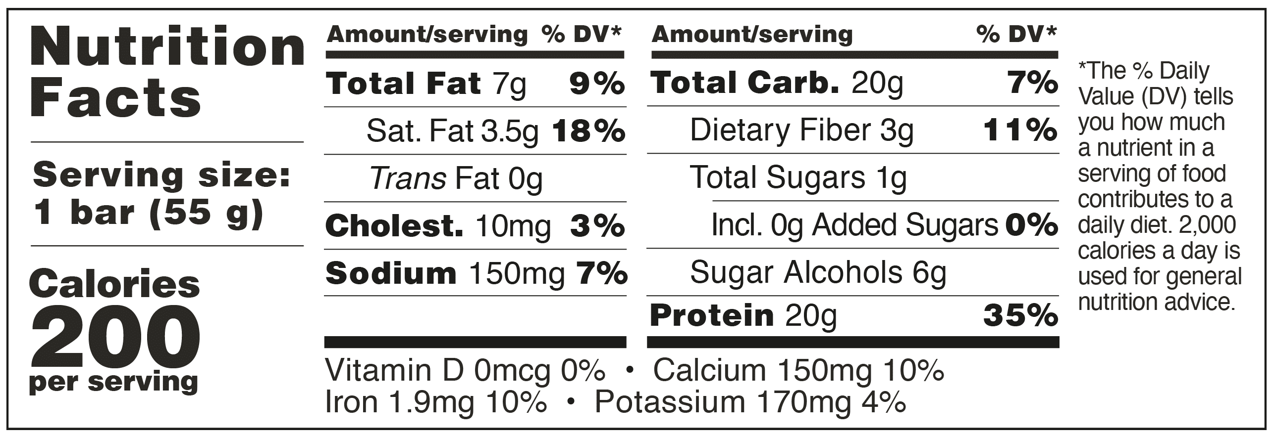 Nutrition Facts label for a 55g bar detailing calories, fat, carbs, and other nutrients.