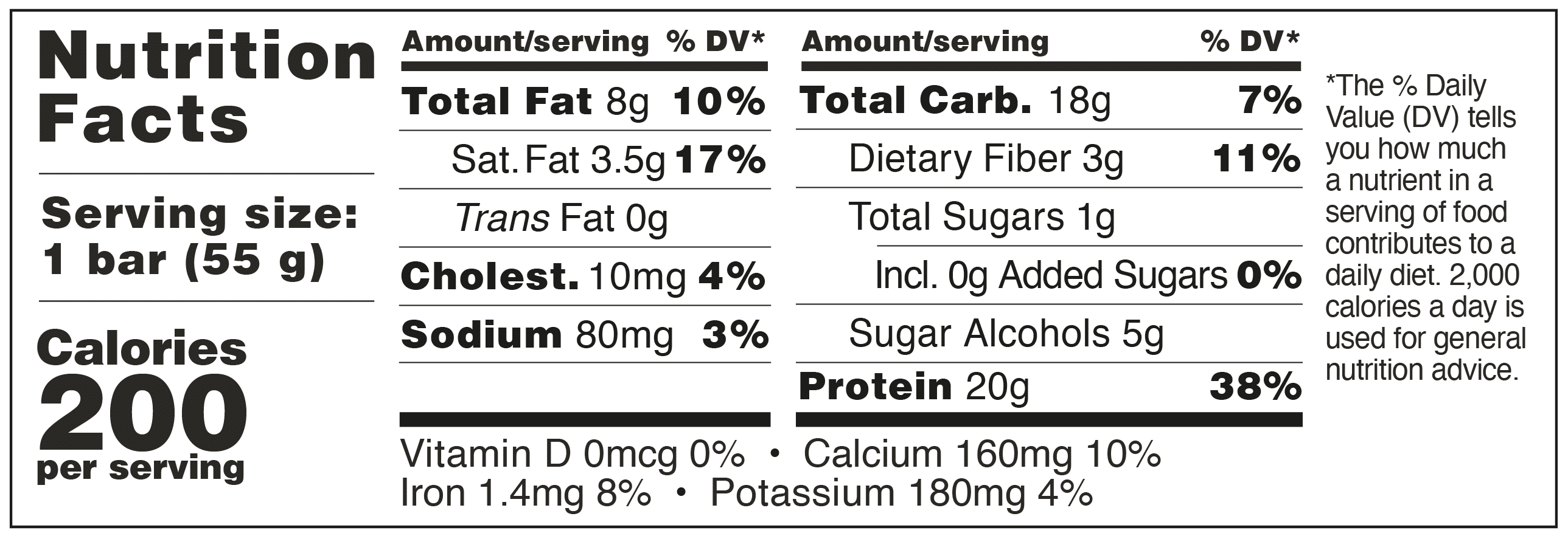 Nutrition facts label for a 55g food bar showing calories, fat, carbohydrates, and protein values.
