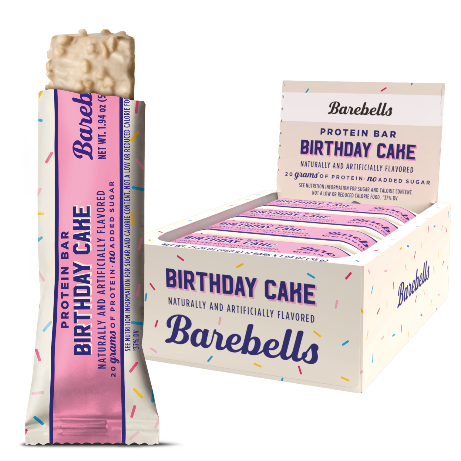 Barebells birthday cake packshot with single bar