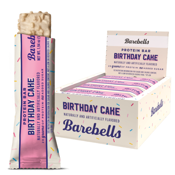 Barebells birthday cake packshot with single bar