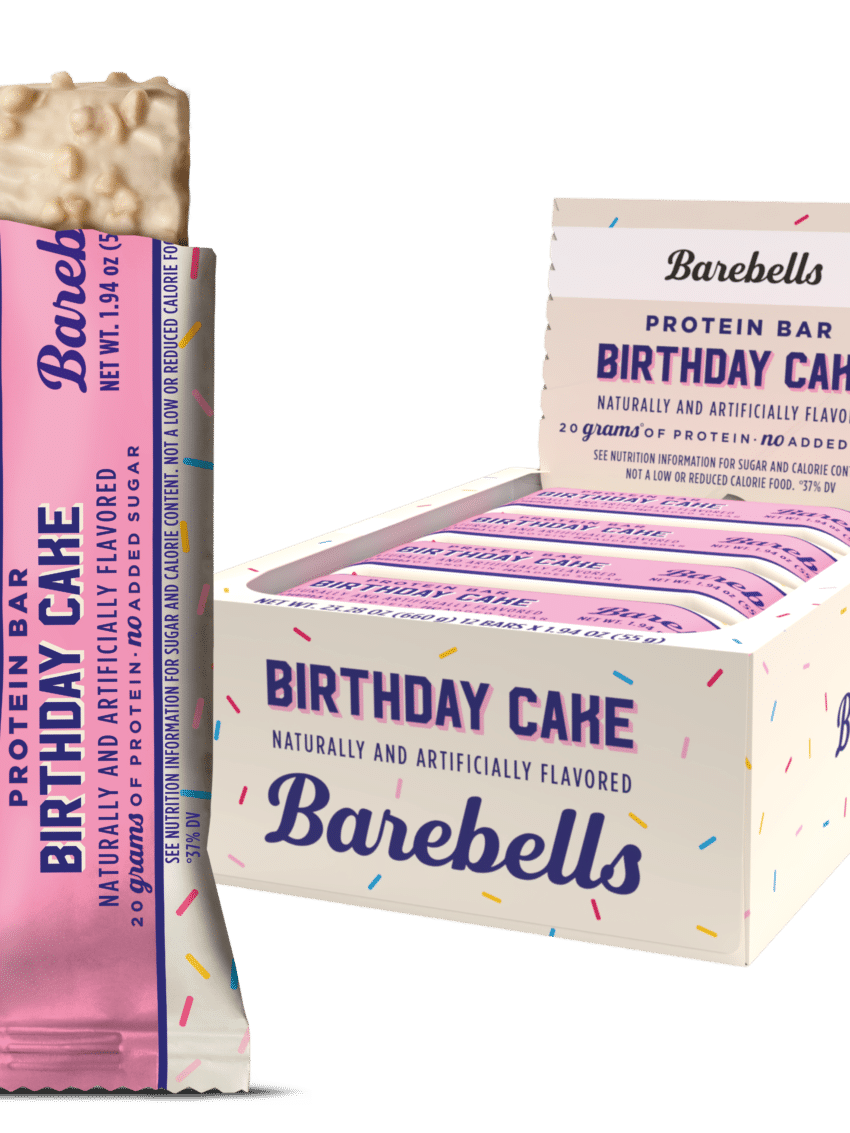 Barebells birthday cake packshot with single bar