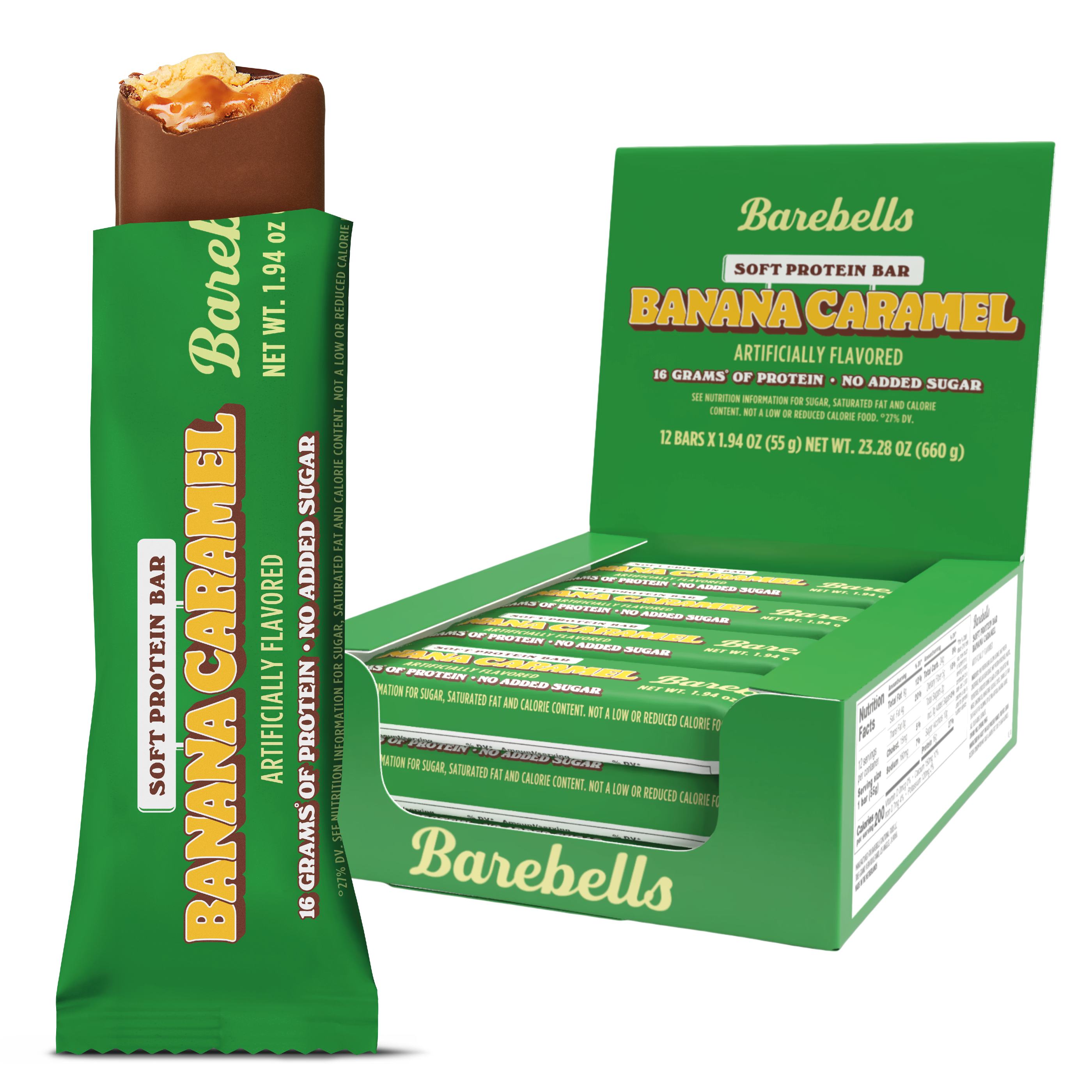 Barebells Banana Caramel protein bars in a green box with one bar partially unwrapped.