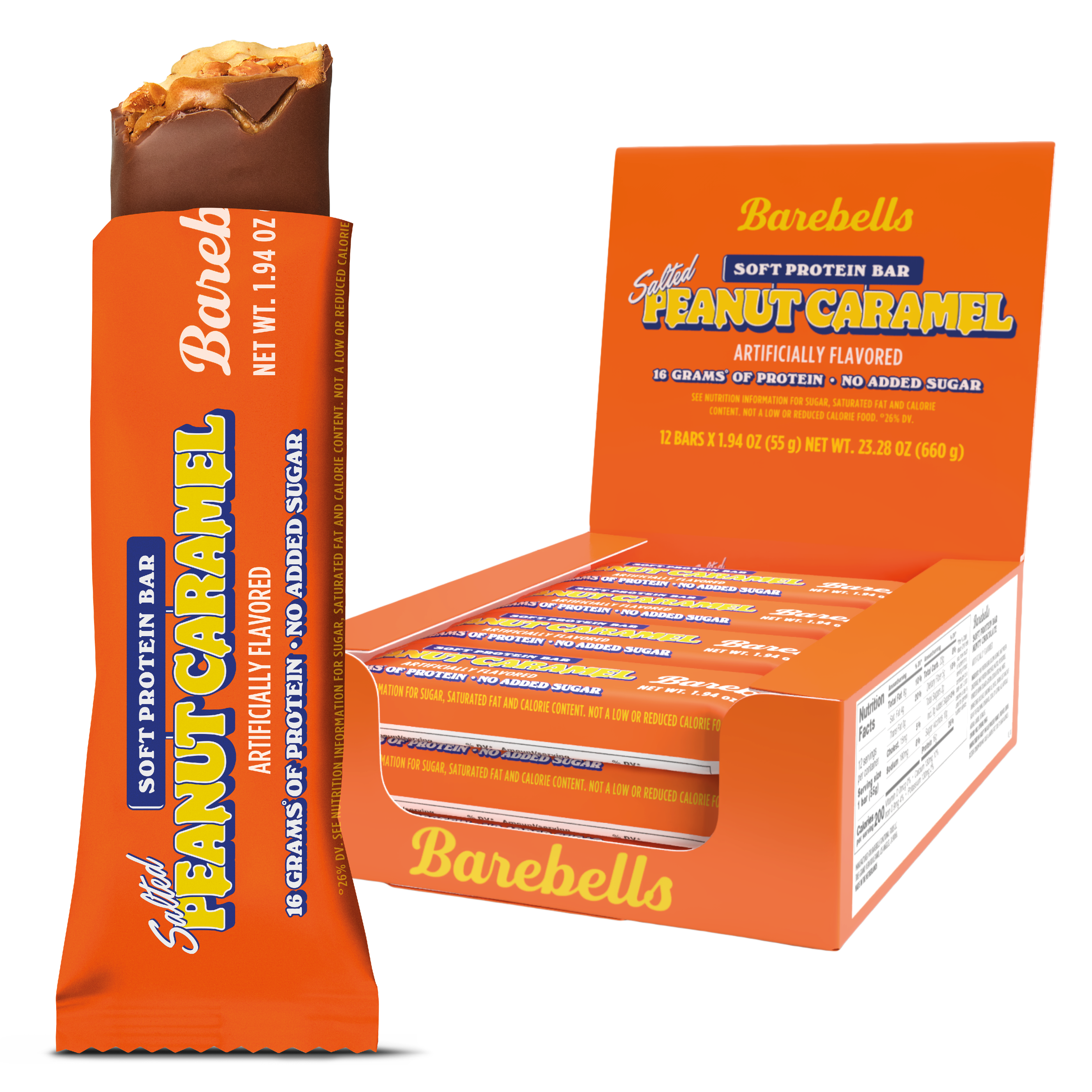 Barebells Peanut Caramel protein bar and box, bright orange packaging.