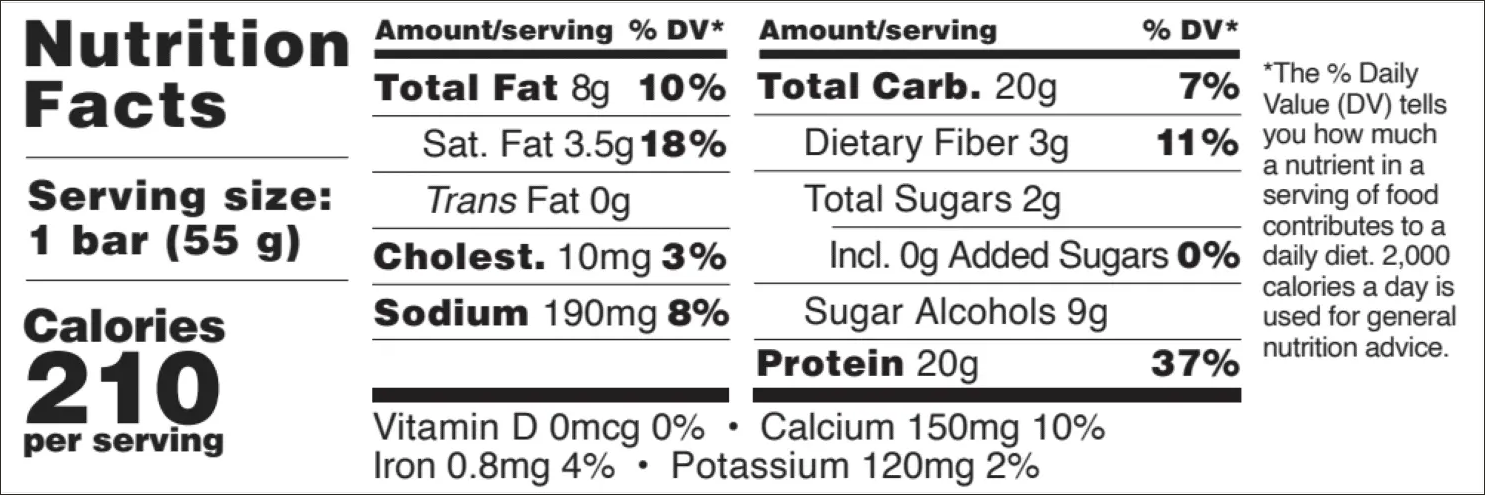 Nutrition label displaying values for fat, cholesterol, sodium, carbs, and protein per serving.