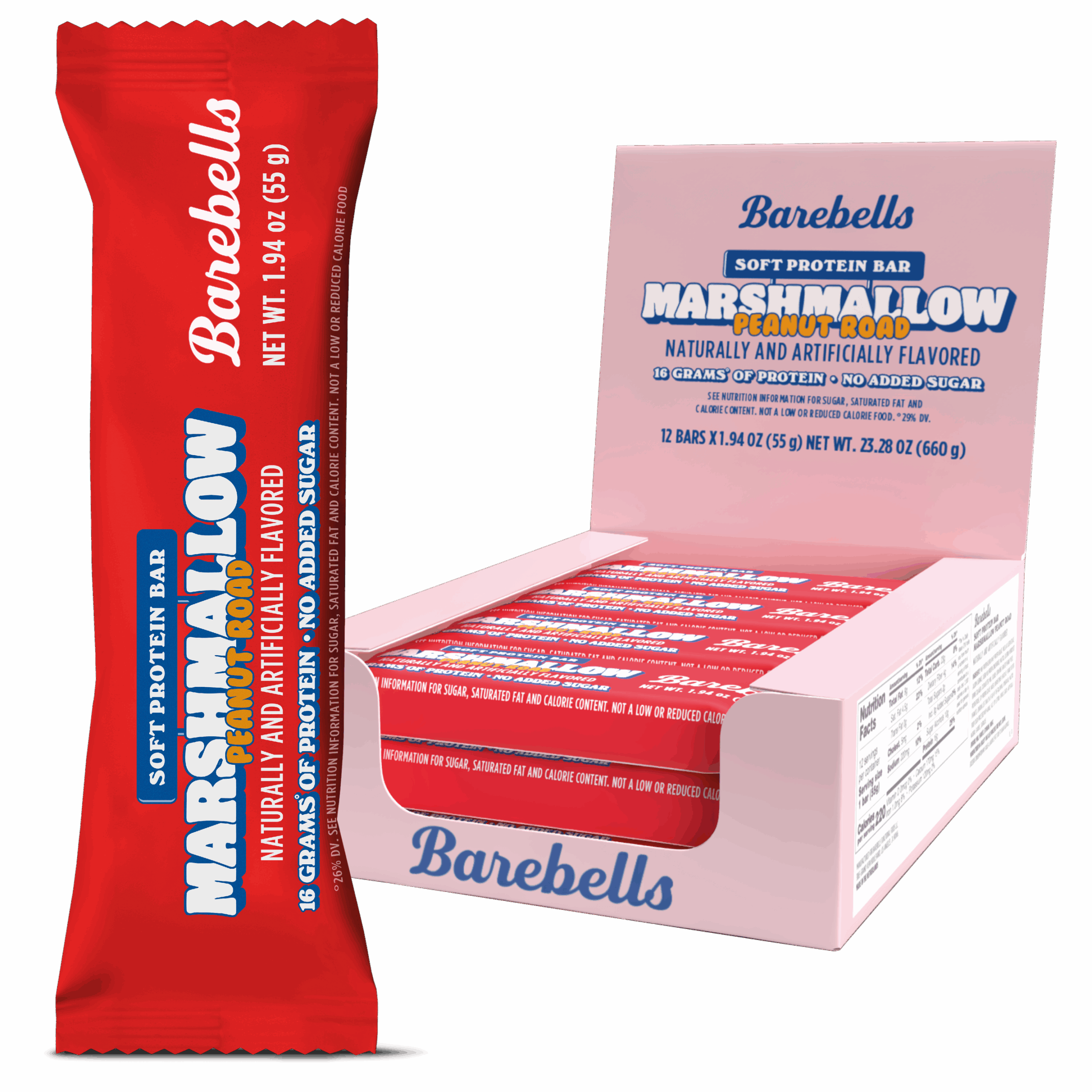 Box of Barebells Marshmallow Peanut Road protein bars with one bar unwrapped.